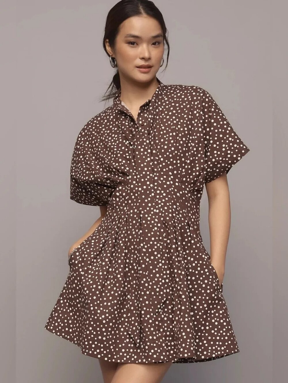 Anthropologie Exquise Polka Dot Short Sleeve Brown Dress